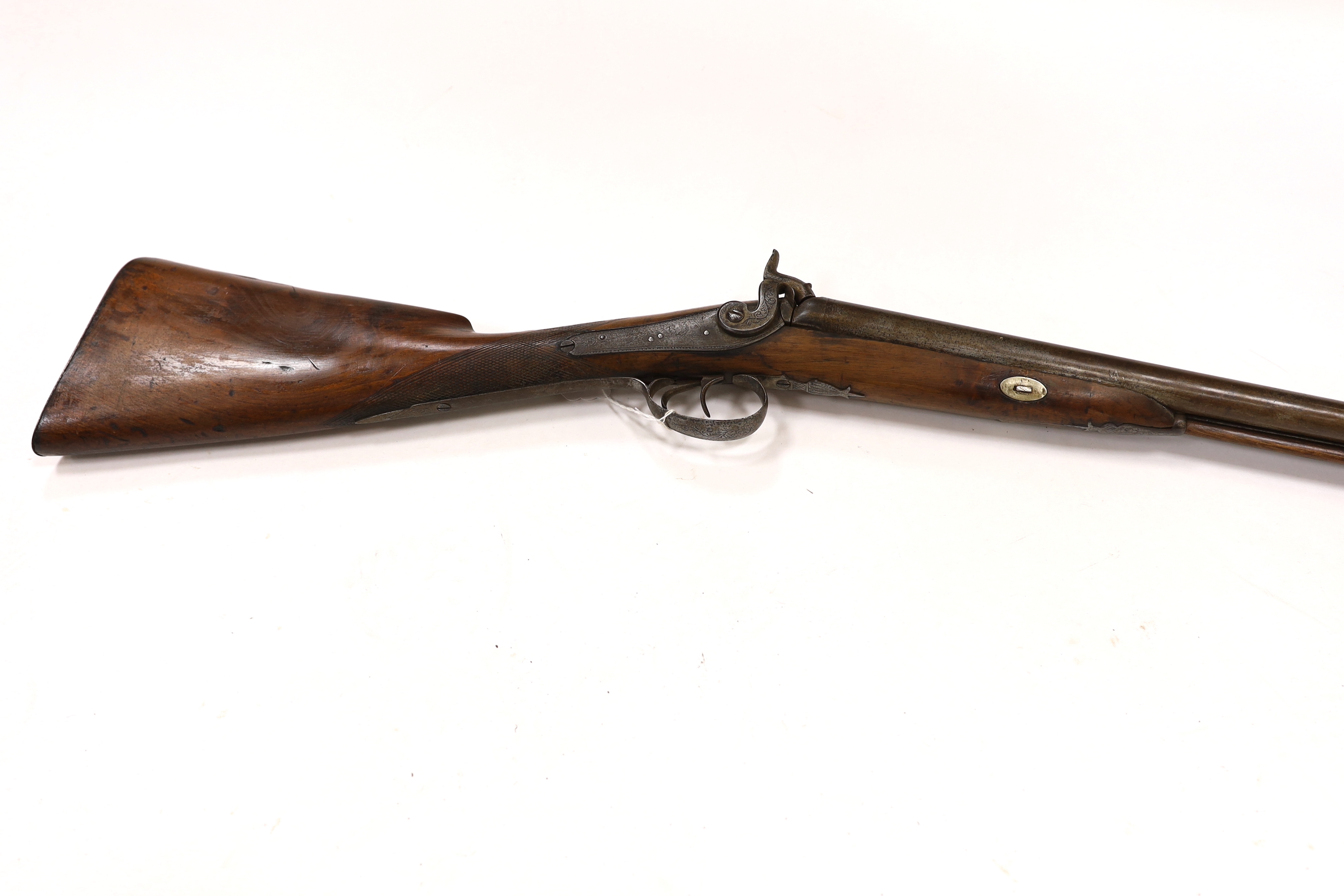 A 14 bore double-barrelled, side-by-side muzzle loading percussion shotgun, back action locks, circa 1850, barrel 77.5cm